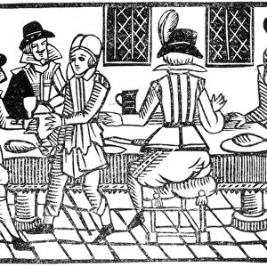 A Supper Party, from a Book of Roxburghe Ballads (woodcut) (b / w photo)