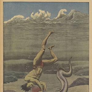 A swimming champion attacked by a sea monster (colour litho)