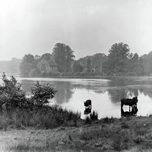 Tabley Old Hall, seen across Tabley Mere, from England's Lost Houses by Giles Worsley (1961-2006) published 2002 (b/w photo)