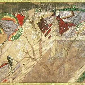 The Tale of Genji ('Genji Monogatari') 10th century novel about the romantic life of Prince Genji, illustration by Hikokuni Tokugawa II (fl. 1821-24), pub. 19th century, (colour woodblock print on a scroll)