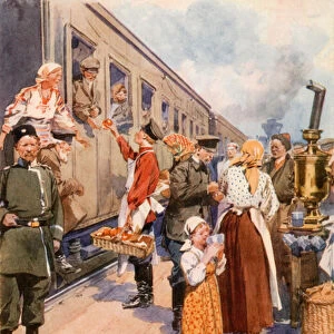 Tea-Sellers at a Country Railway Station (colour litho)