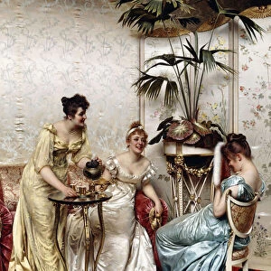 Teatime Tales, (oil on canvas)