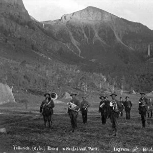 Telluride band in Bridal Veil Park Ingram and Bridal Veil Falls, 1886 (b / w photo)