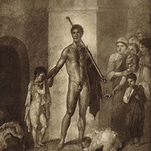 Theseus vanquishing the Minotaur, Wall painting by Ercolano (b / w photo)