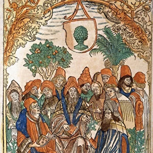 Thirteen scholars in a garden setting, 1485 (hand-coloured woodcut)