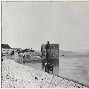 Tiberias, Angle of the town walls on the borders of the lake (b / w photo)