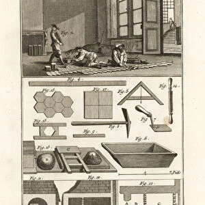 Tilers working on a building floor, 18th century. 1778 (engraving)