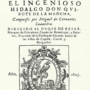 Title page from the first edition of the novel Don Quixote, by Miguel de Cervantes (engraving)