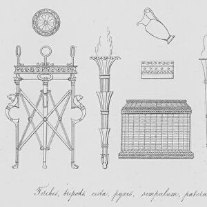 Torches, tripods, cista, pyxis, simpulum, patera and consecrated cake (engraving)