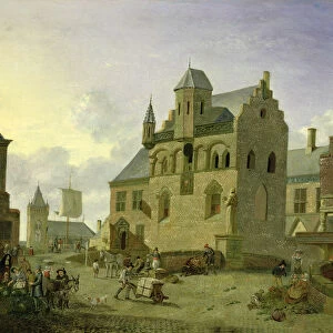 Town square with figures and peasants trading in a market place (panel)