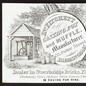 Trade card for J Fitchett, casting pot and muffle manufacturer and dealer in Stourbridge bricks fire clay etc, Birmingham (engraving)