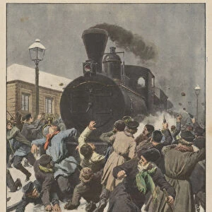Tragic fight between a Russian train driver and a crowd of exasperated workers against him (colour litho)