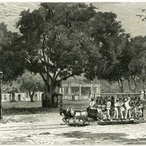 Tram, shooting by horses, in the port of Para (Brazil), on the largo of Nazareth