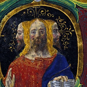 Trinity with three faces (3 heads). Codex Carmosano, 15th century. Bibl. Braidense, Milan