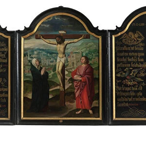 Triptych with Crucifixion and Texts (oil on panel)