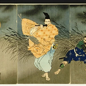 Triptych of Fujiwara No Yasumasa Playing the Flute by Moonlight