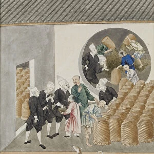 Turbanned Dutch VOC merchants smell tea for quality in a Canton (Guangzhou) tea warehouse, c