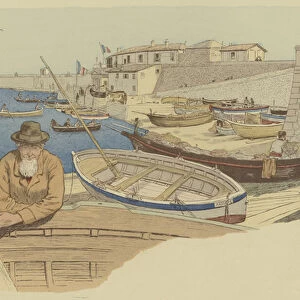 Typical boatman in the harbour at Nice, France (colour litho)