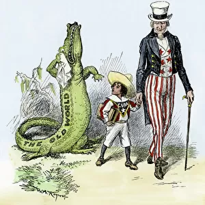 Uncle Sam leads the child Cuba away from the old world by saying, "That wicked man is going to gobble you up, my child", and trains him into the new world of progress, 1901. Illustration of 1901