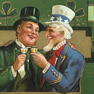 Uncle Sam and a leprechaun clinking their glasses (colour litho)