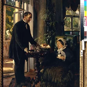 Une chatelaine de manoir. (Une vieille dame prend le the, servie par un domestique qui lui presente du pain et de la confiture). Peinture de Konstantin Yegorovich Makovsky (Constantin Makovski) (1839-1915), huile sur toile, 1886