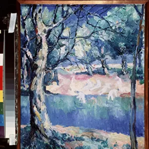 Une riviere en foret (A River in Forest). En plein ete, avec sur la rive, des baigneurs nus esquisses. Peinture de Kasimir Severinovich Malevitch (Malevich, Malevic) (1878-1935), huile sur toile, 1908. Art russe, 20e siecle