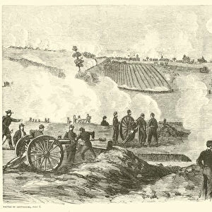 Union position near the center, Battle of Gettysburg, 2 July, July 1863 (engraving)