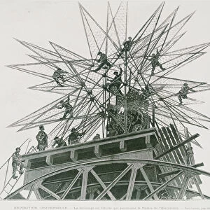 Universal Exposition of 1900: Installation of the Star on Top of the Palace of Electricity (engraving)