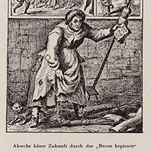 Urinating on a broom to protect against future misfortune (engraving)