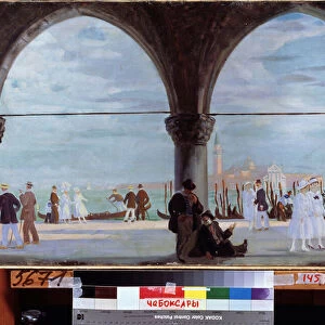 Venise (Italie), souvenir (Venice. Recollection). Des promeneurs elegants marchent sur le quai ou sont amarees des gondoles. A l arriere plan, la tour du Campanile et la basilique