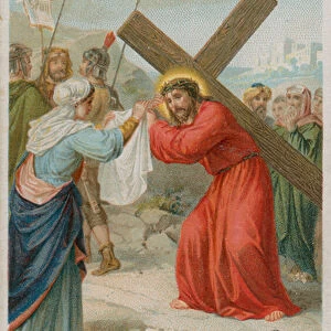 Veronica wipes the face of Jesus. The sixth Station of the Cross (chromolitho)