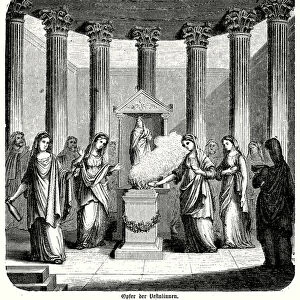 Vestal Virgins, priestesses of the Roman goddess Vesta, making an offering (engraving)