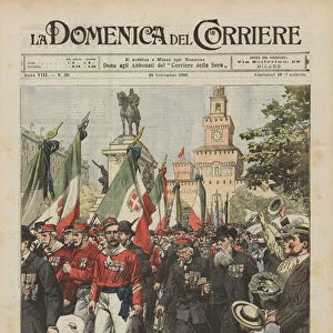 Veterans gathered in Milan from every region of Italy cross the city in a patriotic procession (colour litho)