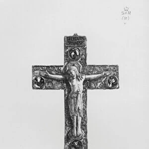 Victoria And Albert Museum: Cross, cedar wood, covered with gold filigree work, the figure in walrus ivory, the label and emblems of the Evangelists of cloisonne enamel, Byzantine, 10th century (engraving)