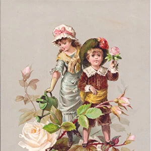 A Victorian Christmas card of a boy and girl watering roses, c. 1880 (colour litho)