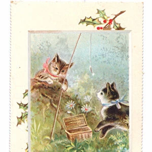 A Victorian Christmas card of two cats playing with a fishing rod, c. 1880 (colour litho)