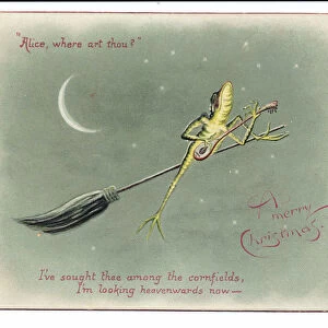 A Victorian Christmas card of a frog on a broomstick playing a banjo, c