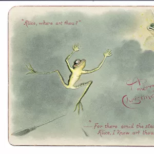 A Victorian Christmas card of a frog falling off a broomstick when he sees a smiling frog