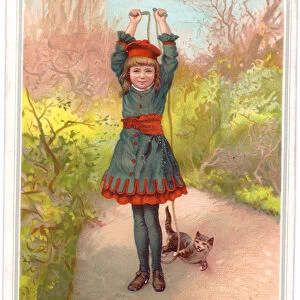 A Victorian Christmas card of a girl holding a skipping rope
