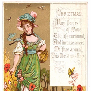 A Victorian Christmas card of a woman in elaborate bonnet picking flowers, c