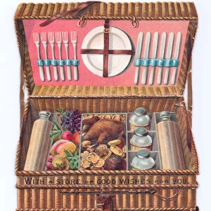 A Victorian Die-cut shape card of a open wicker picnic basket with cutlery