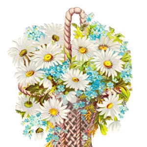 A Victorian Floral Paper Scrap Relief of forget-me-nots and daisies in a wicker basket, c