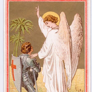 Victorian greeting card of an angel with her hand on a kneeling knight, c