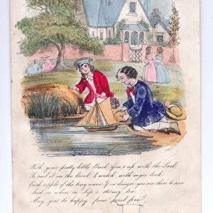 A Victorian hand coloured mechanical Valentine card of children playing with a yacht by