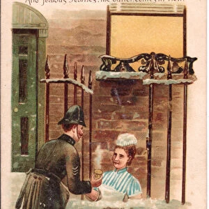 A Victorian hold-to-light Christmas Card of a policeman acepting a hot drink from a maid