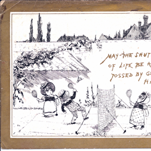 A Victorian monochrome greeting card of children playing badminton, c. 1880 (monochrome)