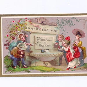 A Victorian New Year card of children drinking at the fountain of happiness, c