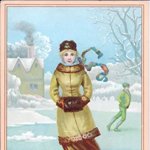 Victorian New Year card of a young woman skating on a frozen pond, c. 1880 (colour litho)