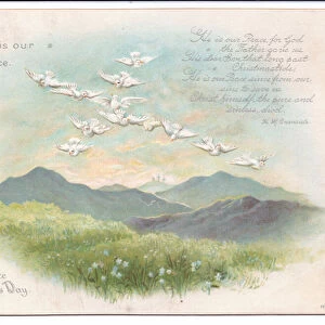 A Victorian religious Christmas card of flying doves in the shape of a cross, c