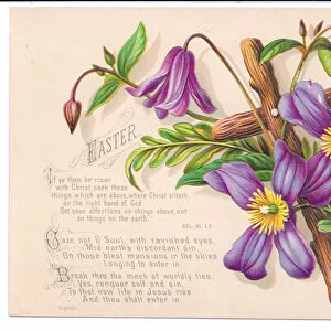 A Victorian religious Easter card of a cross entwined with clematis and leaves, c